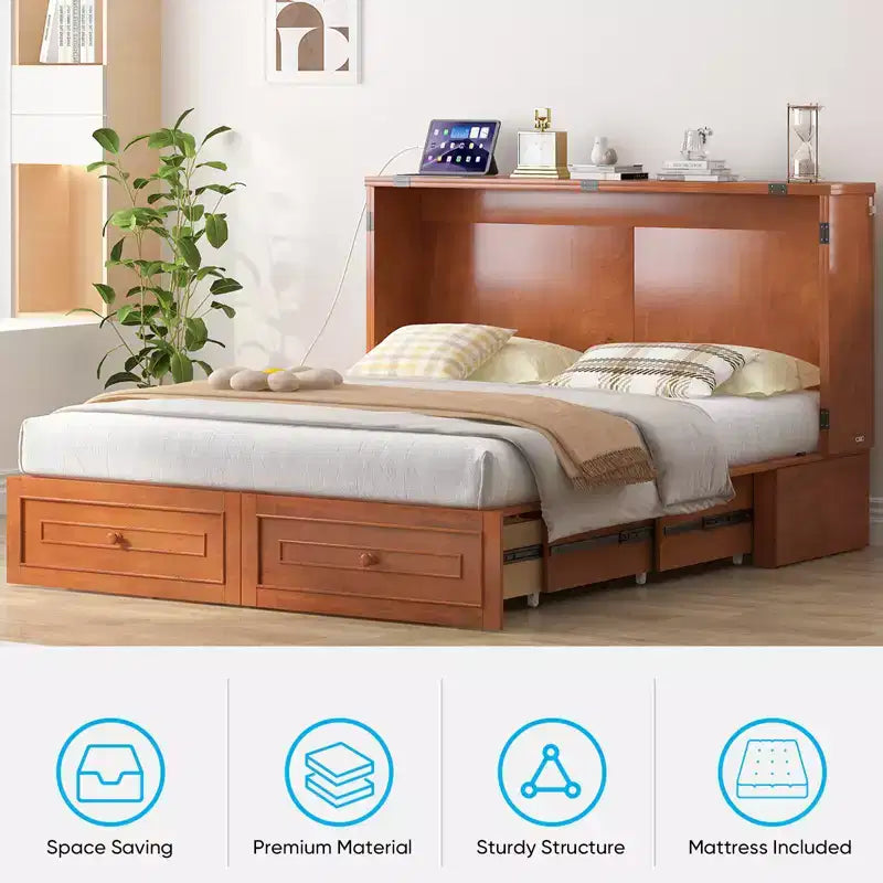 Armoire lit escamotable queen size avec station de recharge USB, tiroirs et matelas pliable en trois.
