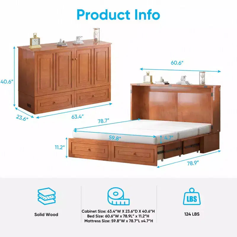 Armoire lit escamotable queen size avec station de recharge USB, tiroirs et matelas pliable en trois.