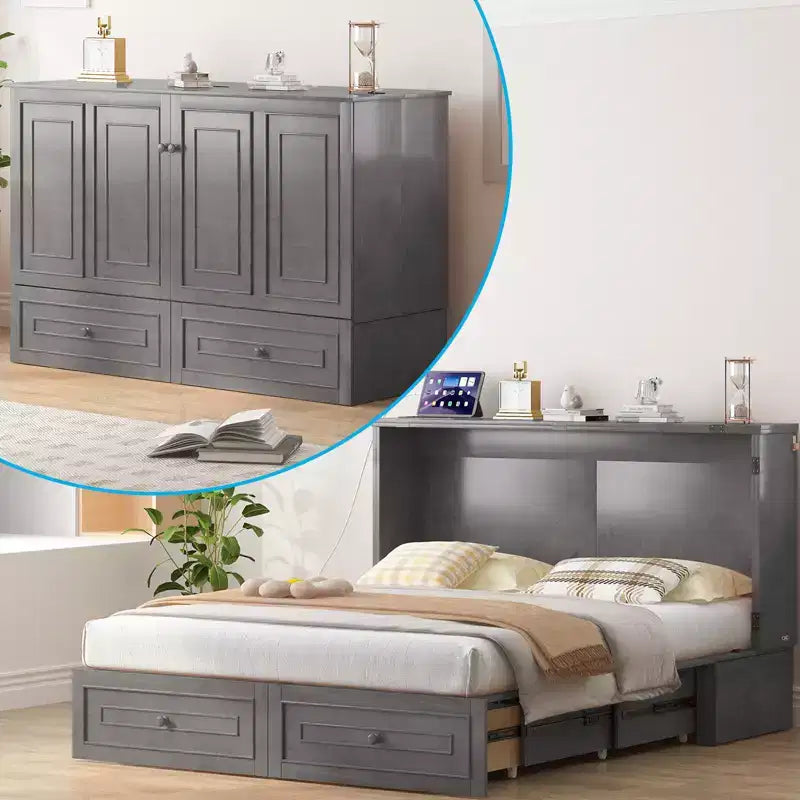 Armoire lit escamotable queen size avec station de recharge USB, tiroirs et matelas pliable en trois.