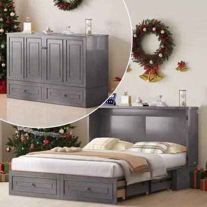 Armoire lit escamotable queen size avec station de recharge USB, tiroirs et matelas pliable en trois.