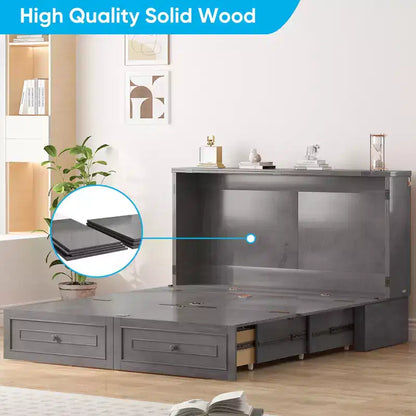 Armoire lit escamotable queen size avec station de recharge USB, tiroirs et matelas pliable en trois.