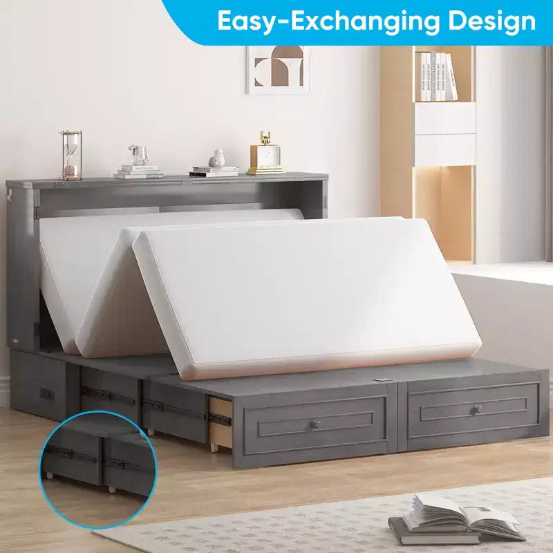 Armoire lit escamotable queen size avec station de recharge USB, tiroirs et matelas pliable en trois.