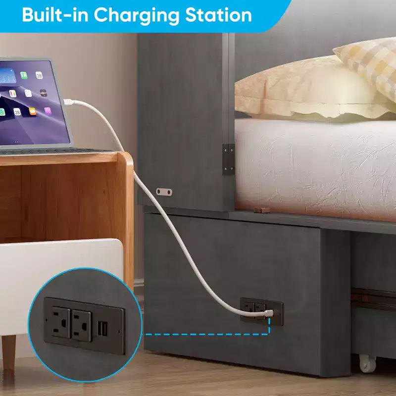 Armoire lit escamotable queen size avec station de recharge USB, tiroirs et matelas pliable en trois.