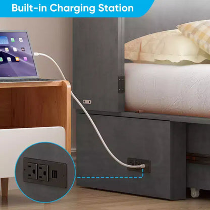 Armoire lit escamotable queen size avec station de recharge USB, tiroirs et matelas pliable en trois.