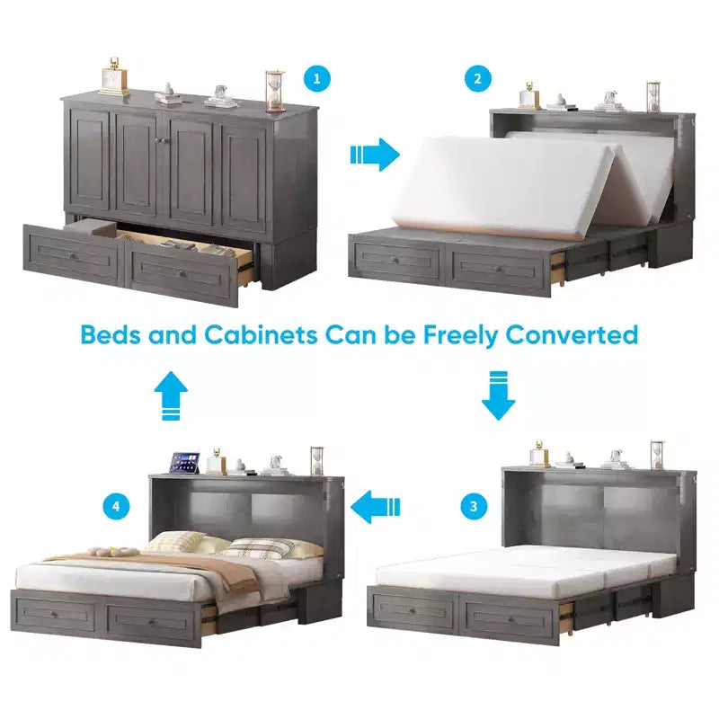 Armoire lit escamotable queen size avec station de recharge USB, tiroirs et matelas pliable en trois.