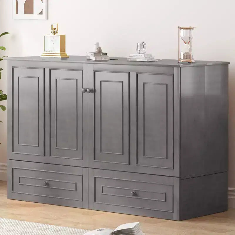 Armoire lit escamotable queen size avec station de recharge USB, tiroirs et matelas pliable en trois.
