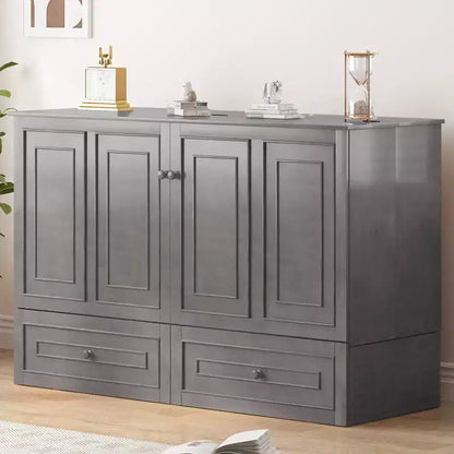 Armoire lit escamotable queen size avec station de recharge USB, tiroirs et matelas pliable en trois.