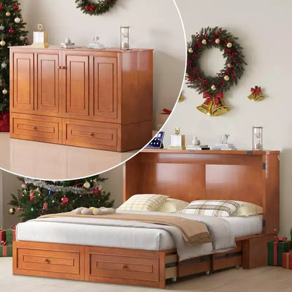 Armoire lit escamotable queen size avec station de recharge USB, tiroirs et matelas pliable en trois.