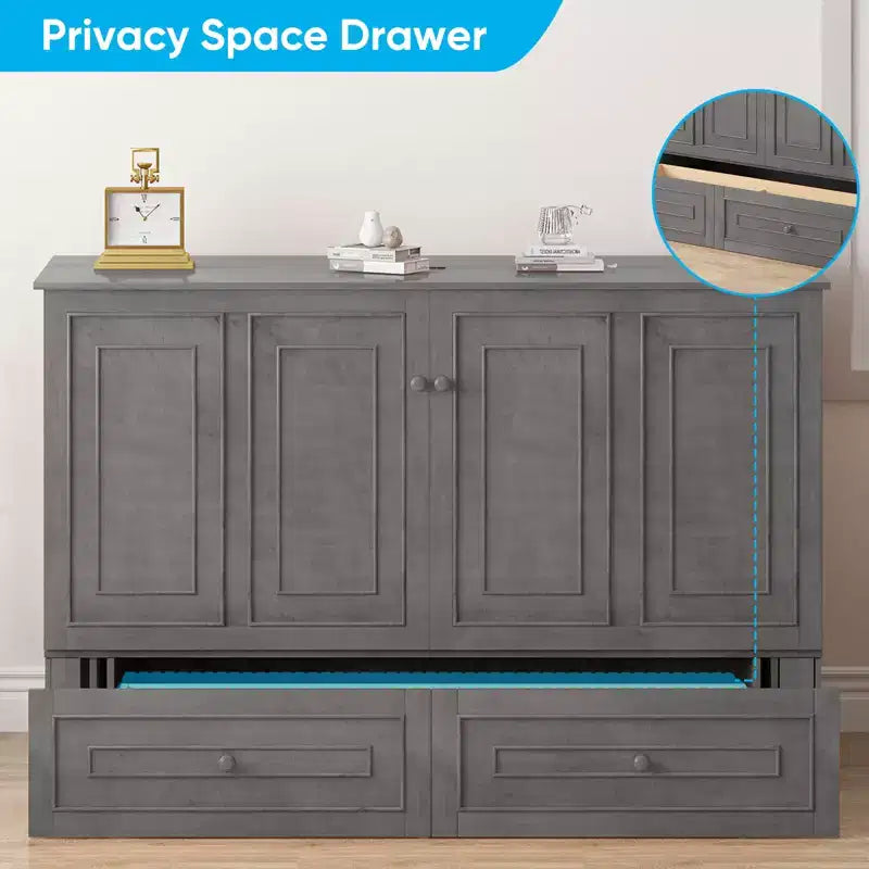 Armoire lit escamotable queen size avec station de recharge USB, tiroirs et matelas pliable en trois.