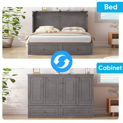 Armoire lit escamotable queen size avec station de recharge USB, tiroirs et matelas pliable en trois.