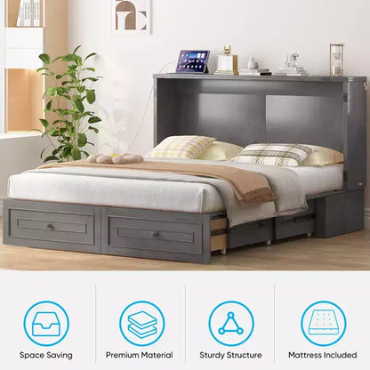 Armoire lit escamotable queen size avec station de recharge USB, tiroirs et matelas pliable en trois.
