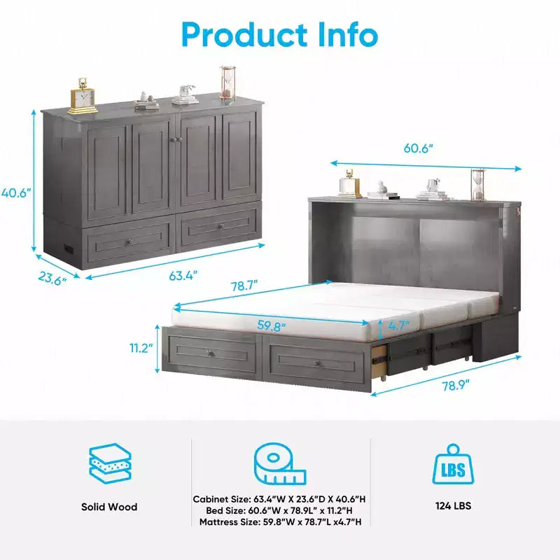 Armoire lit escamotable queen size avec station de recharge USB, tiroirs et matelas pliable en trois.