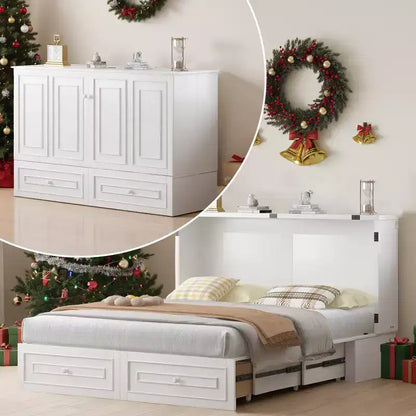 Armoire lit escamotable queen size avec station de recharge USB, tiroirs et matelas pliable en trois.