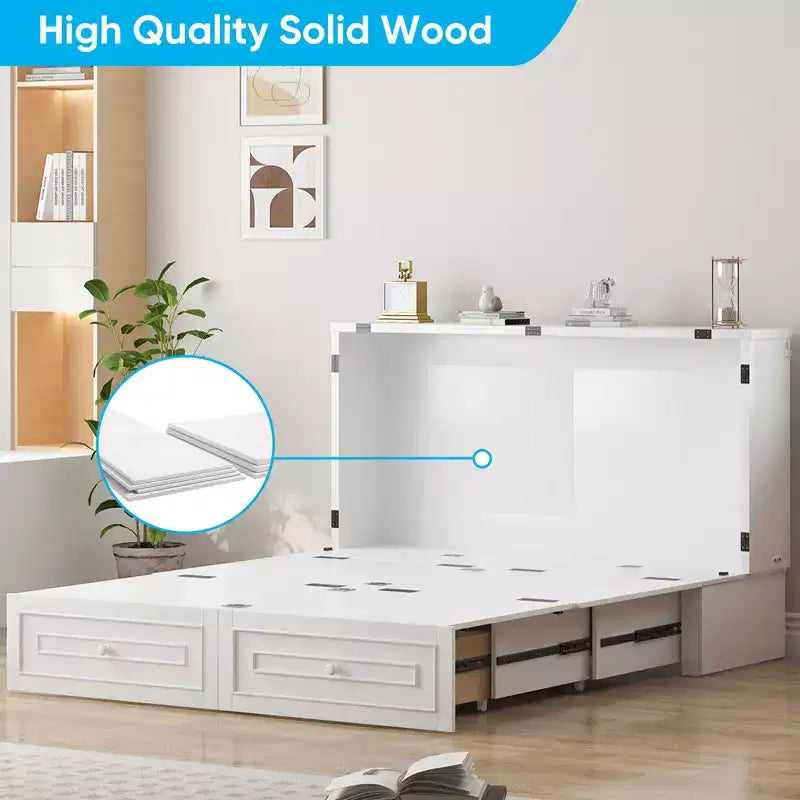 Armoire lit escamotable queen size avec station de recharge USB, tiroirs et matelas pliable en trois.