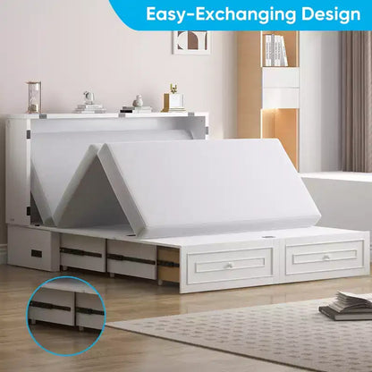 Armoire lit escamotable queen size avec station de recharge USB, tiroirs et matelas pliable en trois.