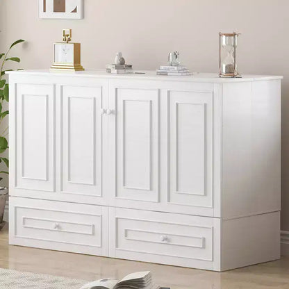 Armoire lit escamotable queen size avec station de recharge USB, tiroirs et matelas pliable en trois.