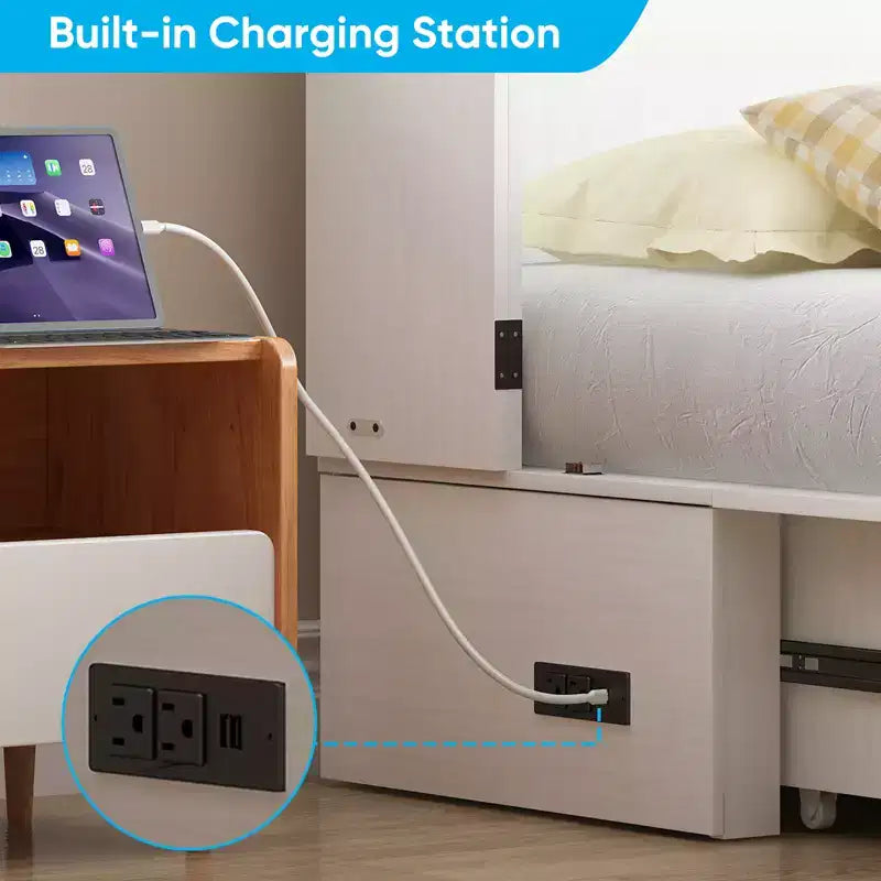 Armoire lit escamotable queen size avec station de recharge USB, tiroirs et matelas pliable en trois.