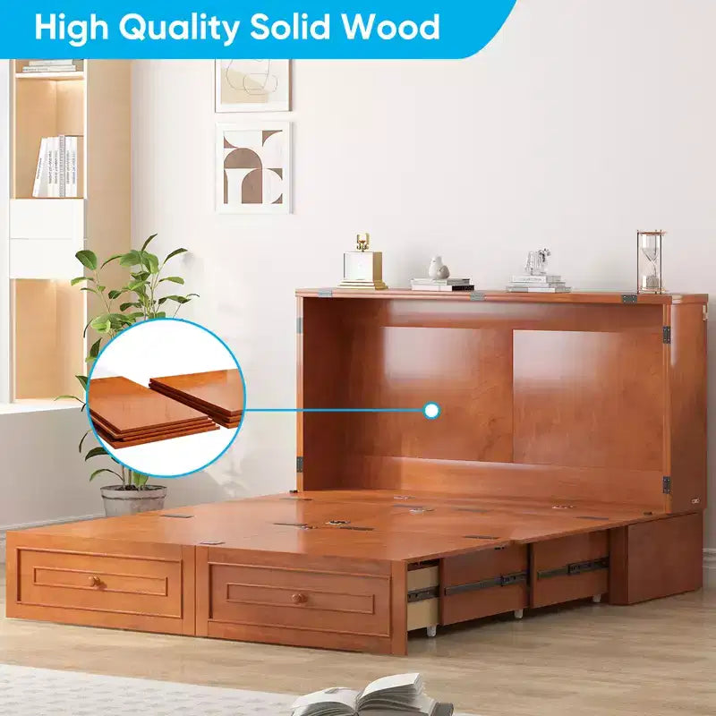 Armoire lit escamotable queen size avec station de recharge USB, tiroirs et matelas pliable en trois.