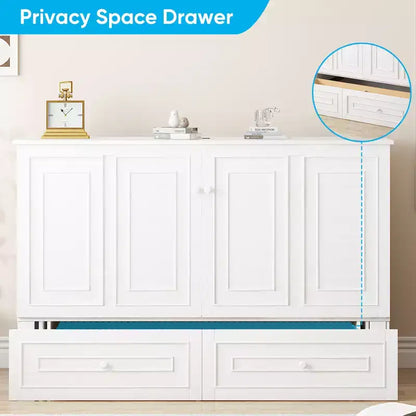 Armoire lit escamotable queen size avec station de recharge USB, tiroirs et matelas pliable en trois.