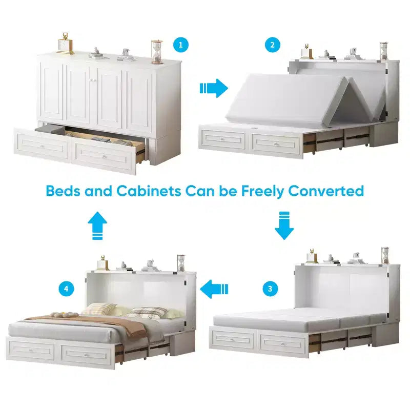 Armoire lit escamotable queen size avec station de recharge USB, tiroirs et matelas pliable en trois.