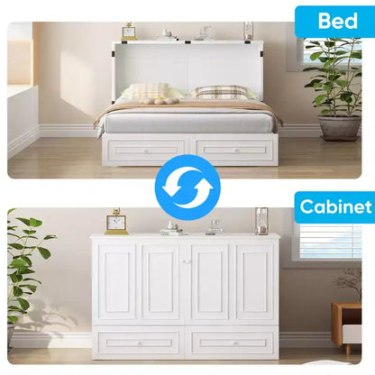 Armoire lit escamotable queen size avec station de recharge USB, tiroirs et matelas pliable en trois.