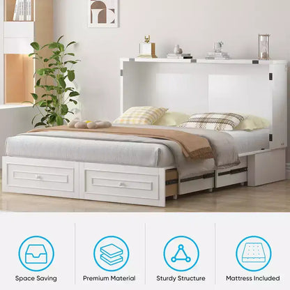 Armoire lit escamotable queen size avec station de recharge USB, tiroirs et matelas pliable en trois.