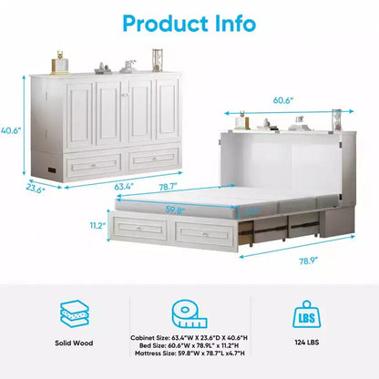 Armoire lit escamotable queen size avec station de recharge USB, tiroirs et matelas pliable en trois.