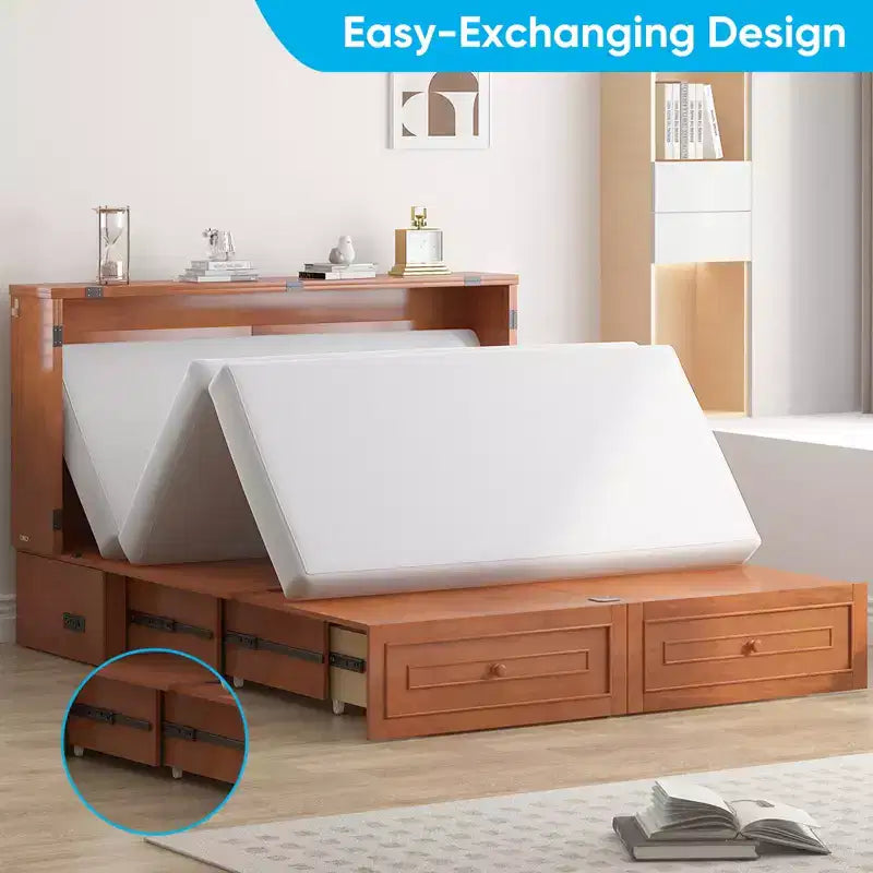 Armoire lit escamotable queen size avec station de recharge USB, tiroirs et matelas pliable en trois.