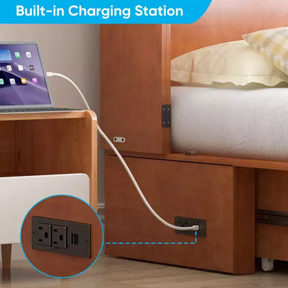 Armoire lit escamotable queen size avec station de recharge USB, tiroirs et matelas pliable en trois.
