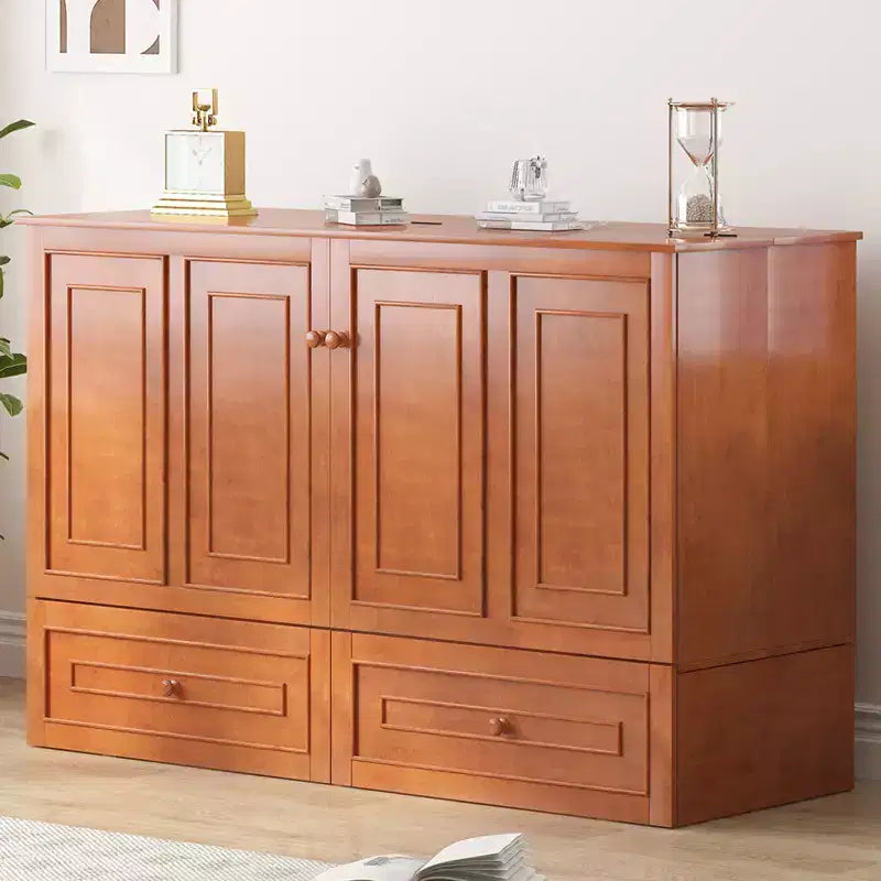 Armoire lit escamotable queen size avec station de recharge USB, tiroirs et matelas pliable en trois.