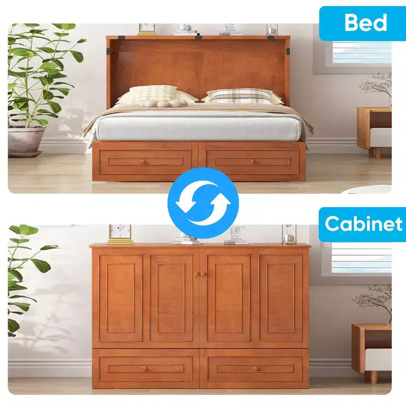Armoire lit escamotable queen size avec station de recharge USB, tiroirs et matelas pliable en trois.