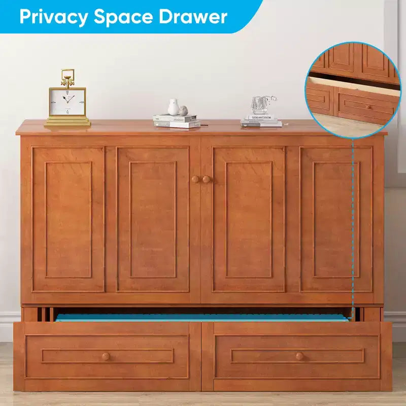 Armoire lit escamotable queen size avec station de recharge USB, tiroirs et matelas pliable en trois.