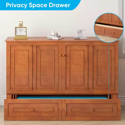 Armoire lit escamotable queen size avec station de recharge USB, tiroirs et matelas pliable en trois.