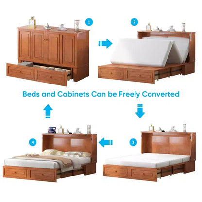 Armoire lit escamotable queen size avec station de recharge USB, tiroirs et matelas pliable en trois.