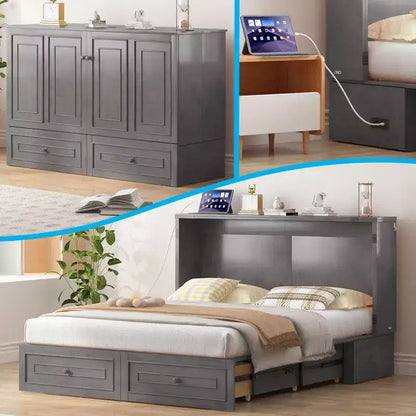 Armoire lit escamotable queen size avec station de recharge USB, tiroirs et matelas pliable en trois.