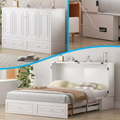 Armoire lit escamotable queen size avec station de recharge USB, tiroirs et matelas pliable en trois.