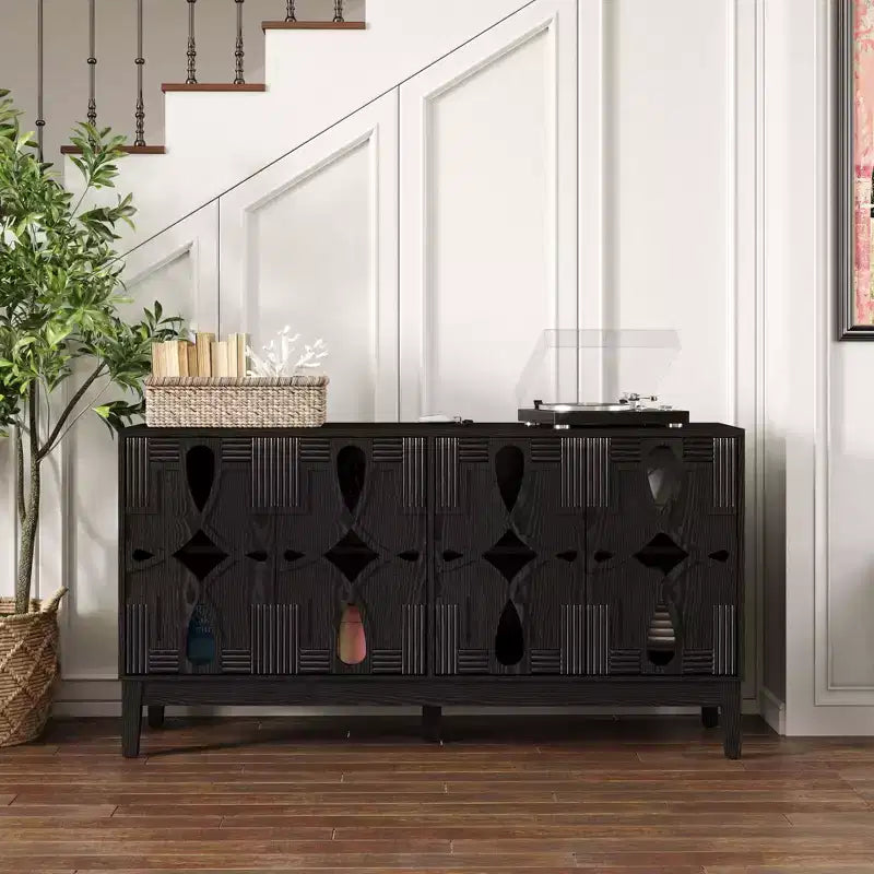 Buffet de rangement, Enfilade scandinave moderne, Buffet de service avec 4 portes creuses et étagères réglables