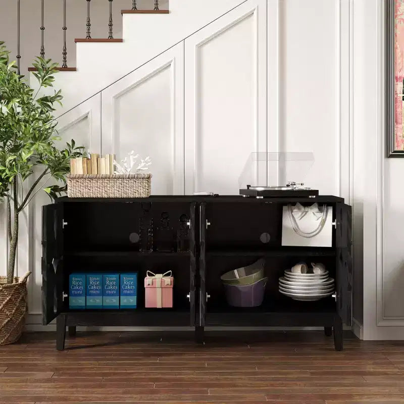 Buffet de rangement, Enfilade scandinave moderne, Buffet de service avec 4 portes creuses et étagères réglables