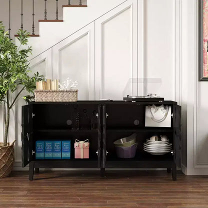 Buffet de rangement, Enfilade scandinave moderne, Buffet de service avec 4 portes creuses et étagères réglables