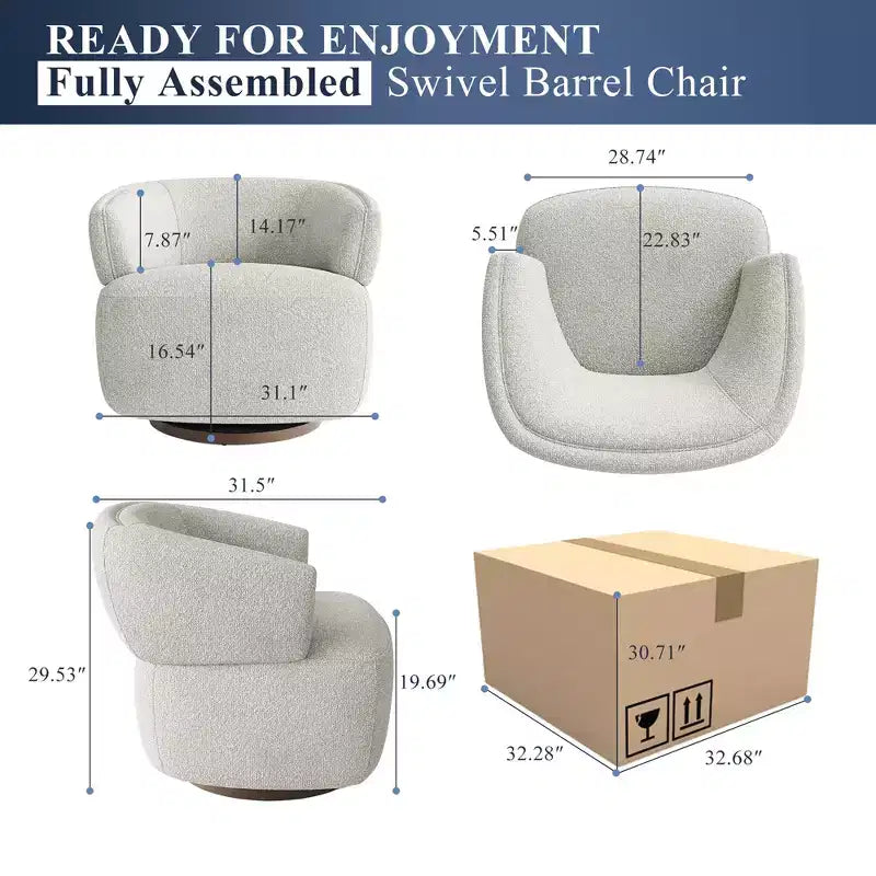 Fauteuil d'appoint pivotant en tonneau entièrement assemblé, mousse haute densité, tissu résistant aux taches