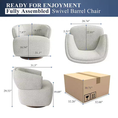 Fauteuil d'appoint pivotant en tonneau entièrement assemblé, mousse haute densité, tissu résistant aux taches
