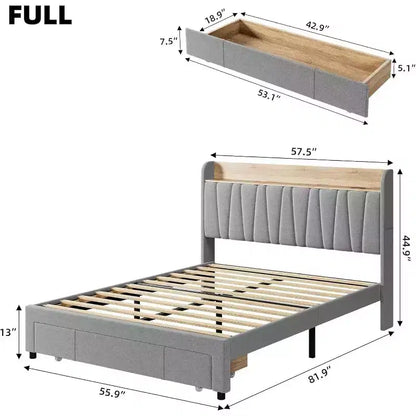 Cadre de lit plateforme King Size rembourré avec tête de lit de rangement, station de charge et tiroirs