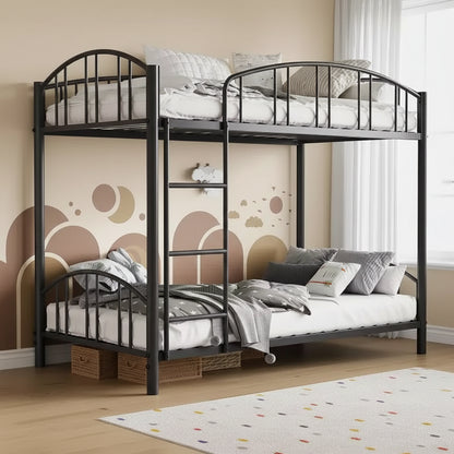 Lit superposé en métal une place sur une place, cadre robuste avec barrières de sécurité arquées et échelle, conception en acier solide pour enfants, aucun sommier tapissier requis.
