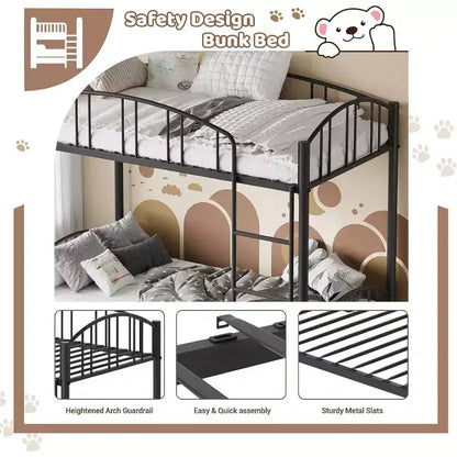 Lit superposé en métal une place sur une place, cadre robuste avec barrières de sécurité arquées et échelle, conception en acier solide pour enfants, aucun sommier tapissier requis.