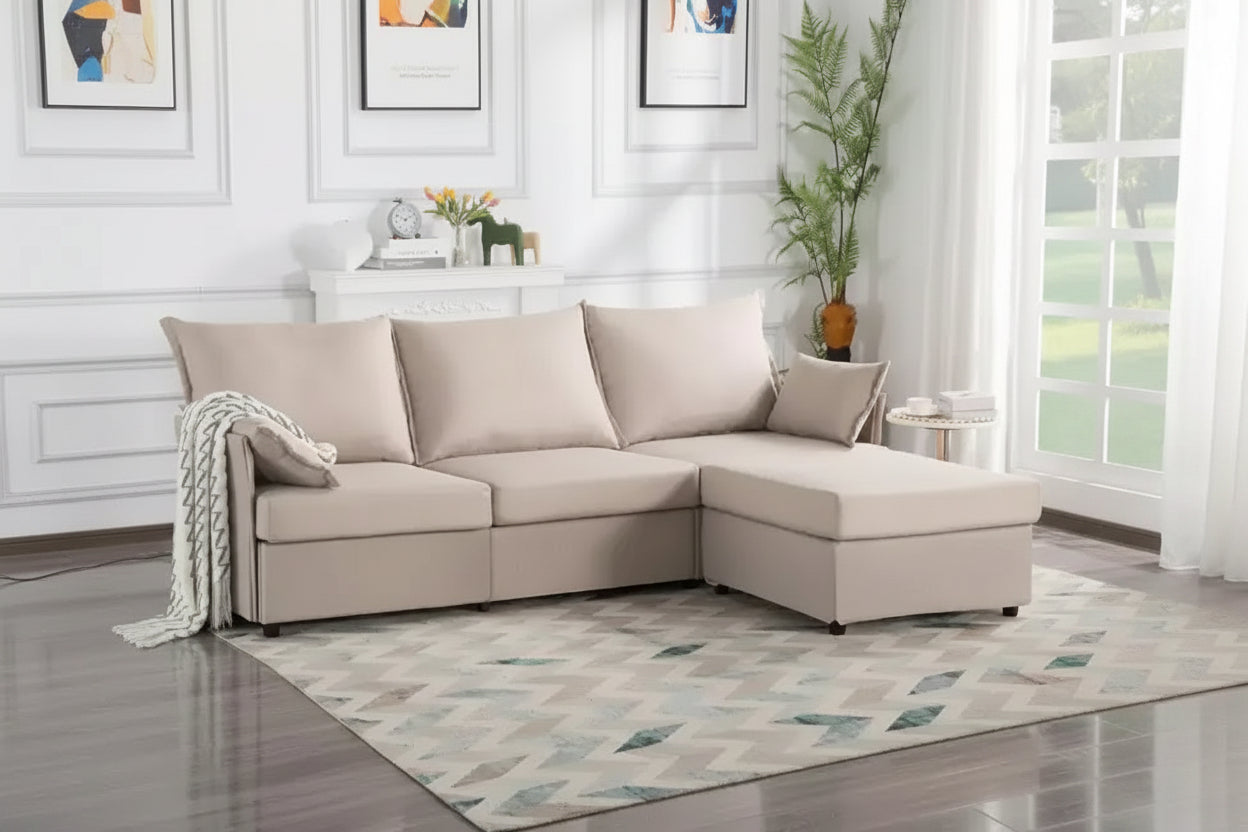 93.7 Sectional Sofa With Ottoman, Indoor Sofa Made Of Imitation Linen Material.