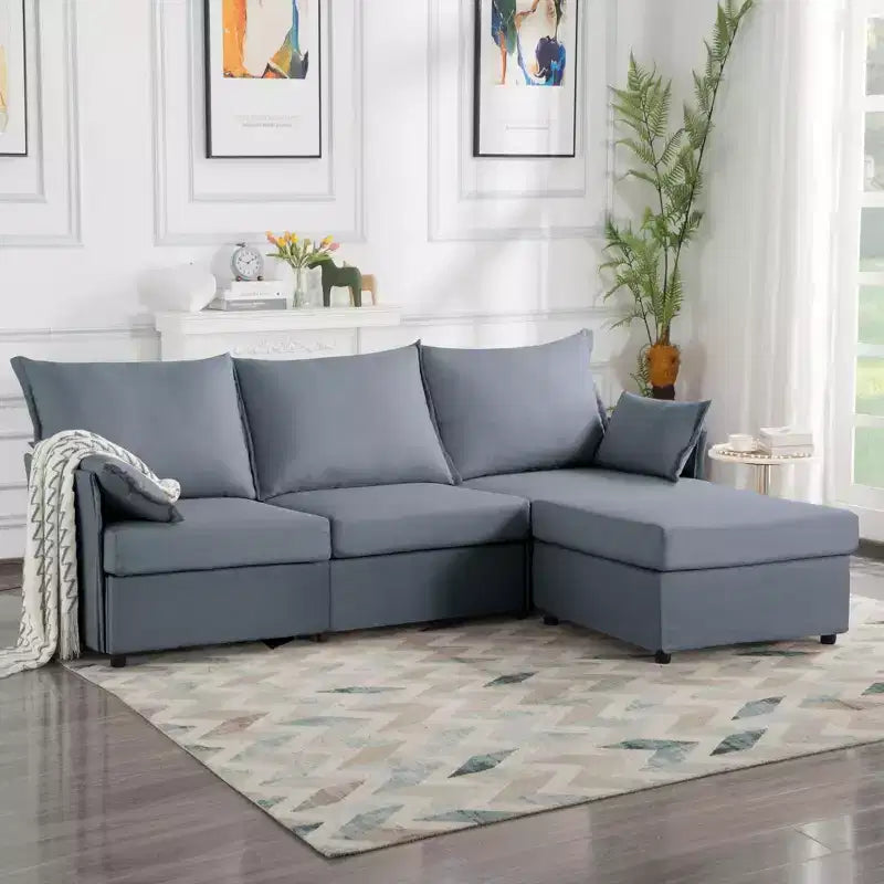 Canapé d'angle 93,7 po avec pouf, canapé d'intérieur en imitation lin.