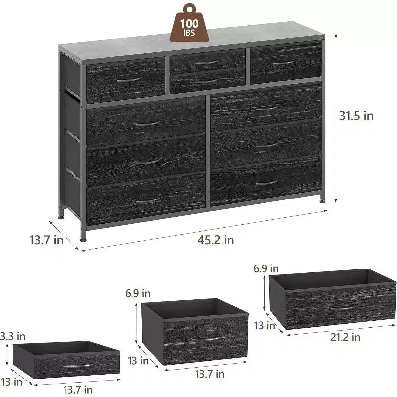 Commode à 10 tiroirs, Meuble TV pour téléviseurs 55", Cadre en acier et plateau en bois, Rangement pour chambre et salon