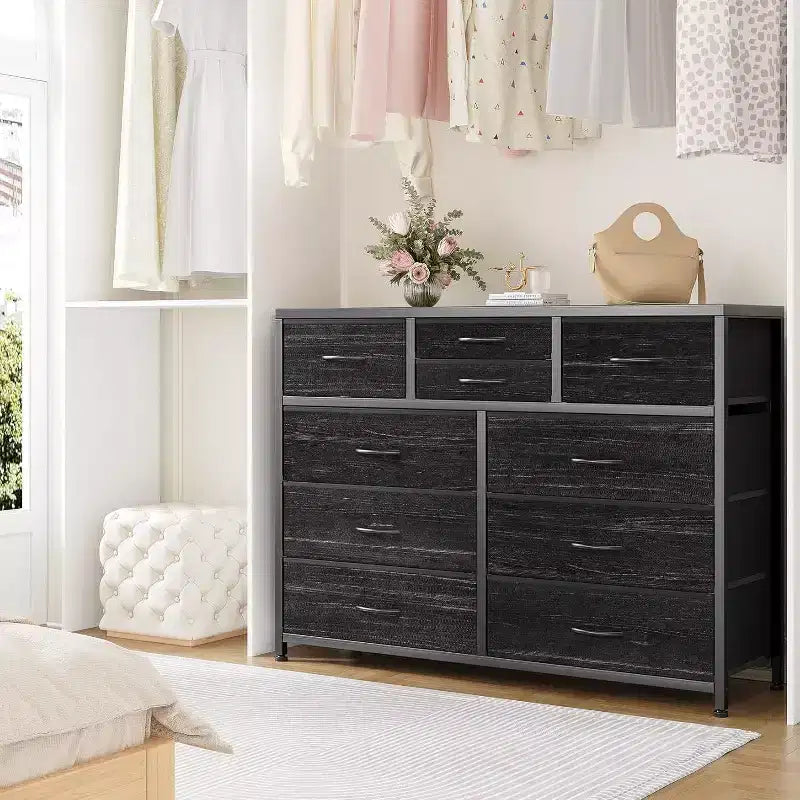 Commode à 10 tiroirs, Meuble TV pour téléviseurs 55", Cadre en acier et plateau en bois, Rangement pour chambre et salon