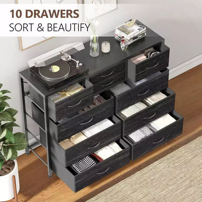 Commode à 10 tiroirs, Meuble TV pour téléviseurs 55", Cadre en acier et plateau en bois, Rangement pour chambre et salon