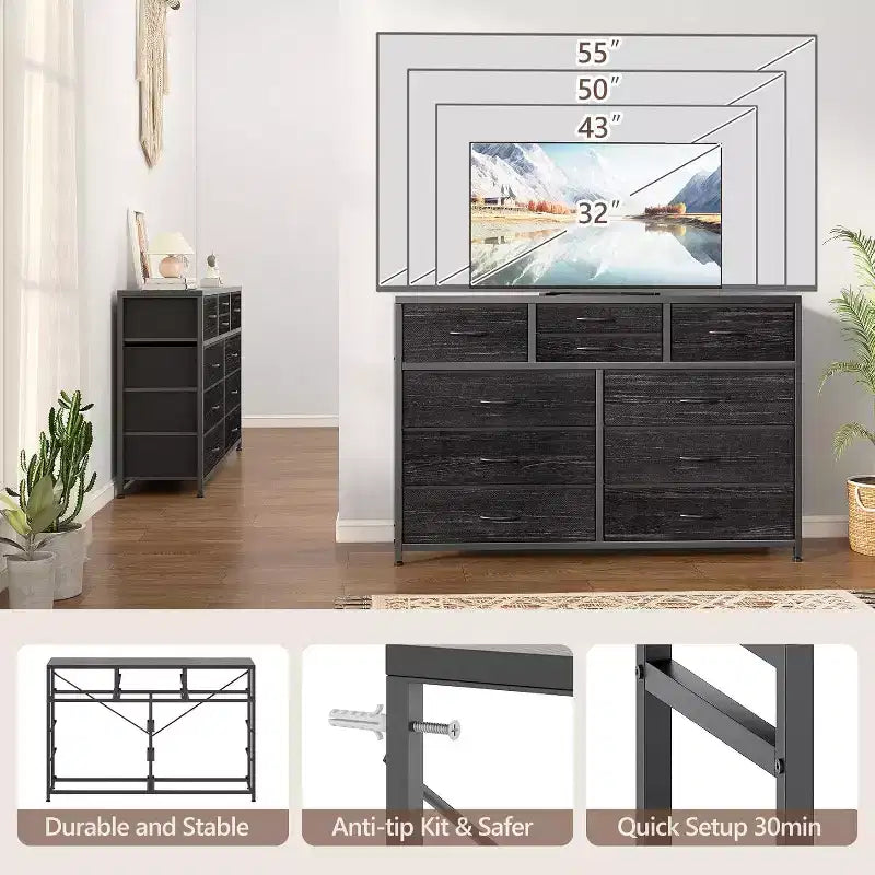 Commode à 10 tiroirs, Meuble TV pour téléviseurs 55", Cadre en acier et plateau en bois, Rangement pour chambre et salon